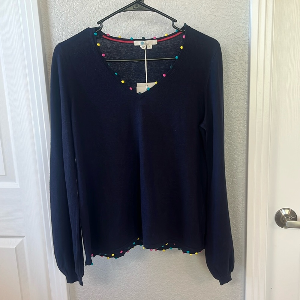 Boden V-Neck Navy Blue Pom Pom sweater NWT US S